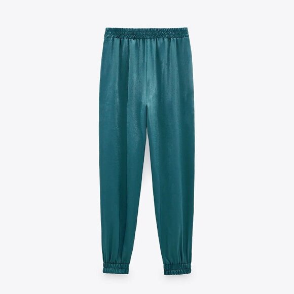 NWT Zara teal satin finish jogger trouser pants - Picture 3 of 7